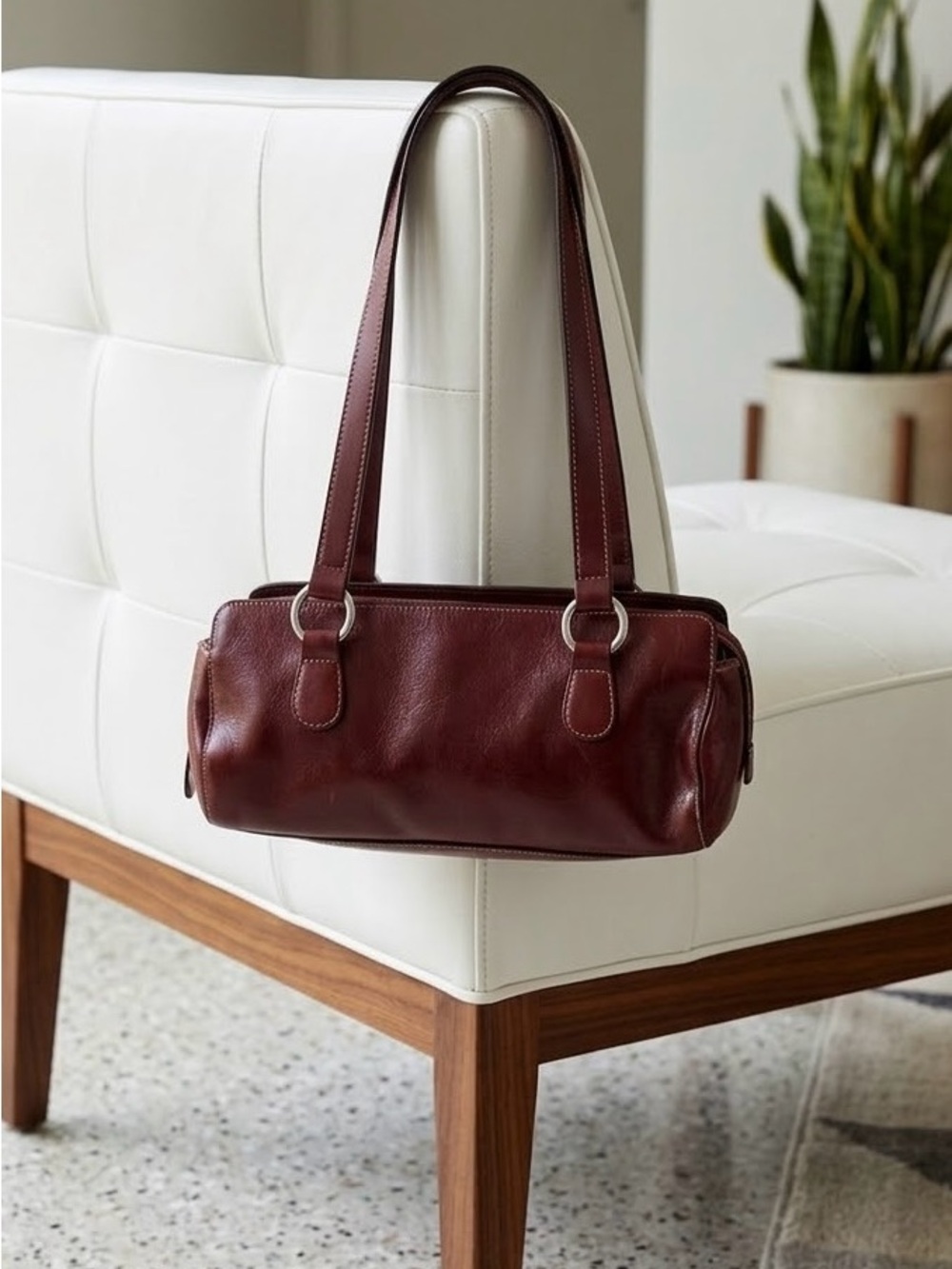 Structured Barrel Shoulder Bag in Deep Burgundy Leather